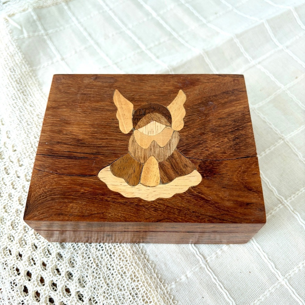 Vintage Handcrafted Marquetry Wood Angel Trinket Box Velvet Lined 5.25 Inch